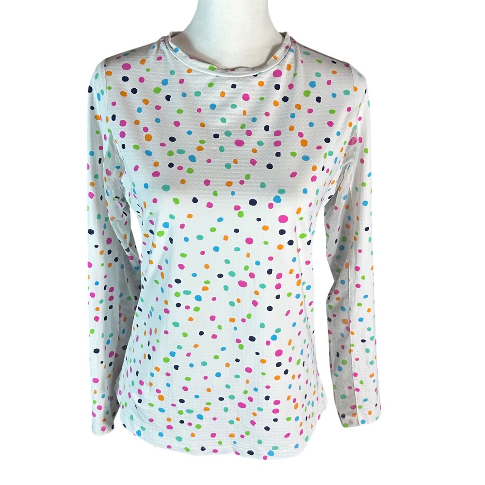 IBKUL Sun Shirt Women Small White Multi Color Polka Dot UPF 50 Long Sleeve